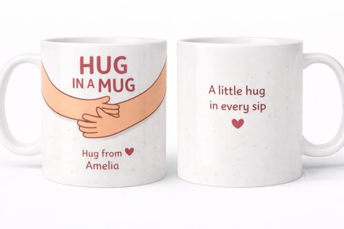 Hug in a Mug Personalised Coffee Mug, White Ceramic, Heart Design, A Little Hug in Every Sip