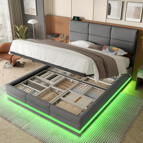 kozamas Doppelbett Polsterbett 160x200 cm mit LED & USB/Type-C – Veloursbett mit hydraulischem Lift, XXL-Stauraum & höhenverstellbarem Kopfteil, grau, inkl. Lattenrost