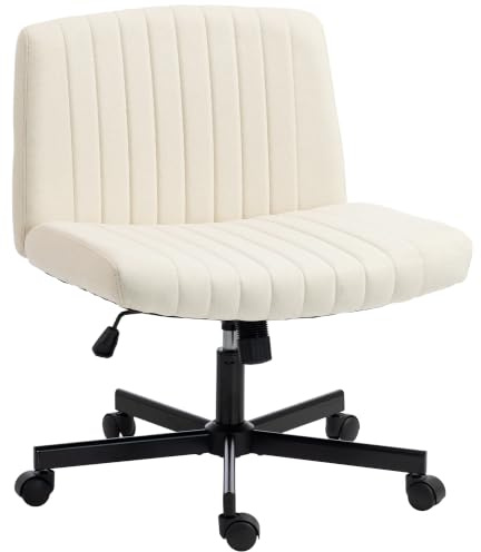 HOMCOM Armless Office Chair with Wheels, Wide Seat, Rock Function, Cream | Imitation Linen, Criss Cross Legged Desk Chair, Thick Padding, Height Adjustable Swivel Computer Seat, for Home