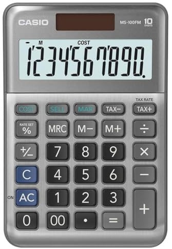 CASIO Tischrechner MS-100BM, 10-stellig, Steuerberechnung, Cost/Sell/Margin, Aluminiumfront, Solar-/Batteriebetrieb