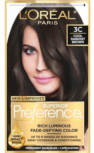 L'Oreal Paris Superior Preference Luminous Fade-Defying Permanent Hair Color, Hair Dye For Up to 9 Weeks of Radiance, Cool Darkest Brown 3C, 1 Hair Dye Kit