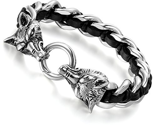 Cupimatch Wolfskopf Armband Edelstahl Vatertag: Gothic Geflochtenes Lederarmband mit Doppelkopf Wolf 15mm Breite Schwere Biker Armkette Punk Rock Manschette Herren Armreif Geschenke für Männer Freund