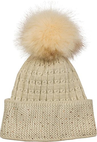 styleBREAKER Damen Bommelmütze Strass Kunstfell Bommel 58cm | Feinstrick. abnehmbares Element 14cm. elastisch. Bundweite 24cm. winterfest. weiche Haptik. Glitzer Besatz.