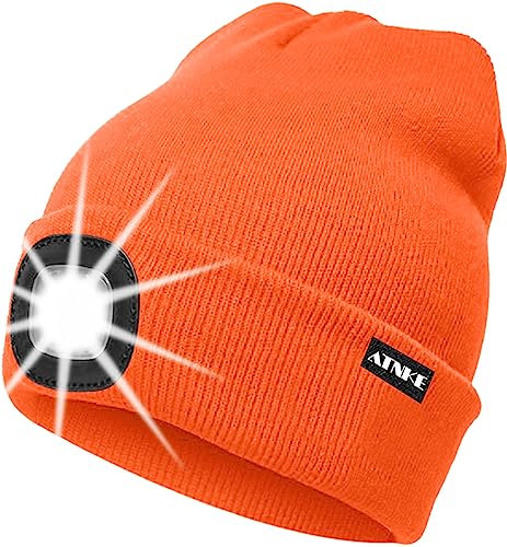 ATNKE LED Beleuchtete Mütze,Wiederaufladbare USB Laufmütze mit Licht Extrem Heller 4 LED Lampe Winter Warme Stirnlampe für Herren und Damen Geschenke/Bright orange