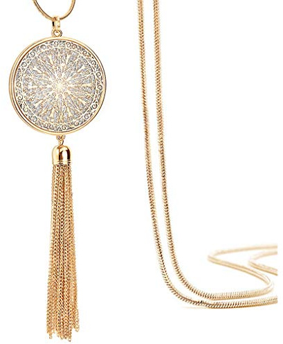 Suyi Long Tassel Necklace Hollow-out Disk Circle Heart Sweater Chain Y Pendant Necklace for Women