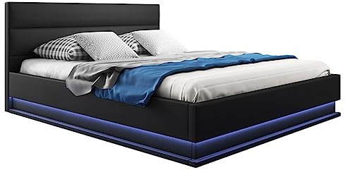 MB Muebles Bonitos | Doppelbett mit Lattenrost und Stauraum | 180x200cm | Weißes LED-Beleuchtung | Holzstruktur mit hochwertigem PU-Kunstleder | Farbe schwarz | Modell Nitas