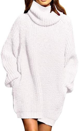 Viottiset Damen Weiß Wolle Lange Rollkragen Strickpullover mit Beide Seitentaschen Weiß XL