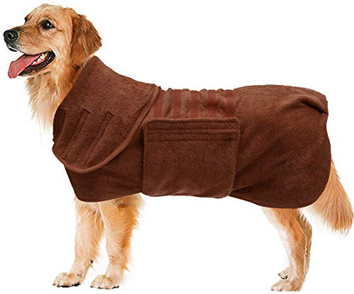 Geyecete Hundebademantel aus Mikrofaser, schnell trocknend Badetuch mit Klettverschluss,sehr saugfähig Bademantel für Hunde und Katzen,Haustier Handtuch-Braun-S