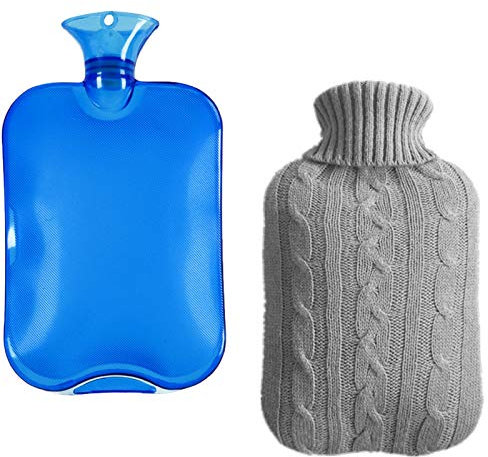 HBell Wärmflasche, 2 l, mit kuscheligem Bezug, gestrickt, transparenter Naturkautschuk, super weich und langlebig, für Erwachsene oder Kinder (blau)