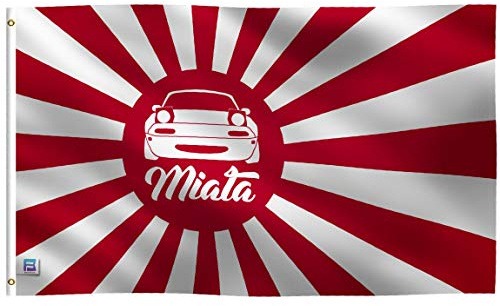 Miata JDM japanische aufgehende Sonnenflagge: 100 % Polyester-Banner, Messingösen und starker Segeltuchkopf, für den Einsatz im Innen- und Außenbereich (doppelseitig)