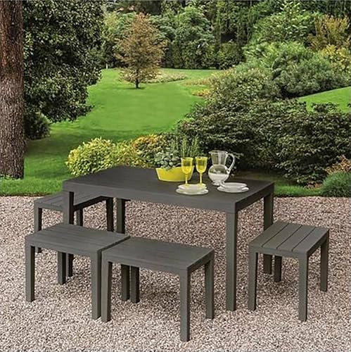 Dmora - Outdoor-Lounge-Set Sanremo, Gartenset mit 1 rechteckigem Tisch und 4 Bänken, Picknickset für drinnen und draußen, 100 % Made in Italy, Anthrazit