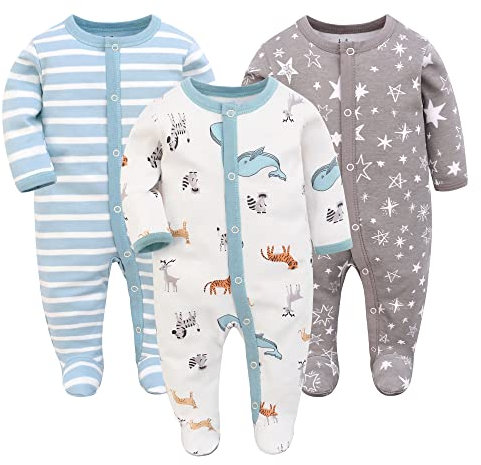 3PCS Baby Schlafstrampler Babychlafanzug Babyschlafsack Baumwolle mit Füßen mit knöpfen Gr. 56 62 68 für Junge Mädchen Neugborenen (Wal+Elch+Grüngestreift, 56, Numeric_56)
