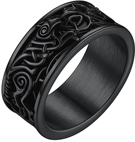 FaithHeart Schwarz Herren Fingerring mit Wolf Symbol Viking Wolf Fingerring mit Keltischer Knot Symbol für Weihnachten Valentinstag