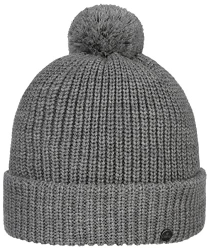 LIERYS Navigat Pudelmütze Damen Herren Strickmütze Made in Germany Bommelmütze aus Schurwolle Wollmütze mit Umschlag Herbst Winter grau One Size