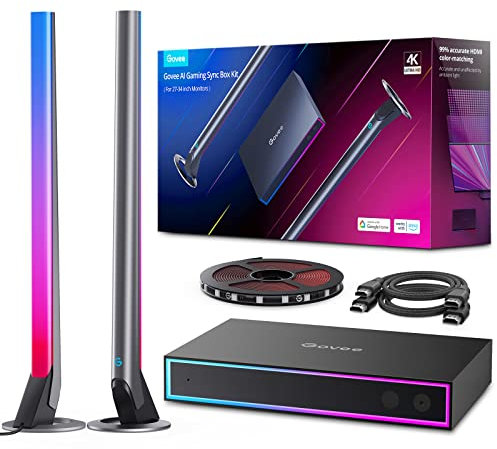 Govee AI Gaming Sync Box Kit, with Light Bars and Monitor Back Light, RGBIC LED Strip for 27-34 inch Monitors, HDMI 4K Works Alexa, Google Assistant, CEC, 3 in 1 Out
