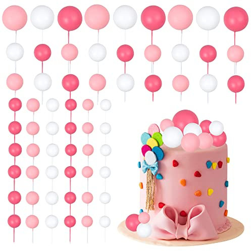 Gyufise 30Pcs Ball Cake Picks Mini Balloons Colorful Ball Shaped Cake Topper Pearl Balls Cupcake Cake Insert Topper for Birthday Party Wedding Decoration Supplies Pink White Rose Red
