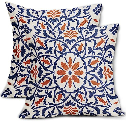 Marineblau Orange Boho Kissenbezüge 45,7 x 45,7 cm Bohemian Ethno Carpet Style Vintage Blumen Print Dekorative Wurfkissen Outdoor Leinen Kissenbezug Bauernhaus Dekor für Zuhause Sofa Bett Set von 2