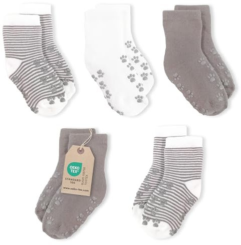 LaLoona Set de Calcetines para Gatear Bebe, 5 Pares de Calcetines Antideslizantes Bebe 3-9 y 9-12 Meses, Alto Contenido de Algodón, ÖKOTEX Standard 100 - Gris 17-18