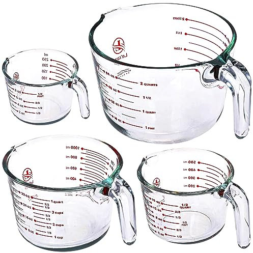 Set of 4 Glass Measuring Cups - Kitchen Mixing Bowl Liquid Measure Cup, Glass Tupperware Bakeware. 1 cup, 2 cup, 4 cup, 8 cup.