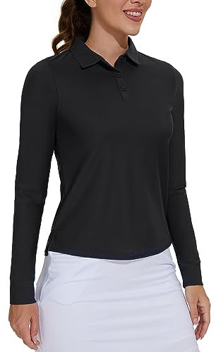 M MOTEEPI Womens Golf Shirt Long Sleeve UPF 50+ Quick Dry Athletic Polo Tennis Tops Sun Protection with 3-Button, Black, XL