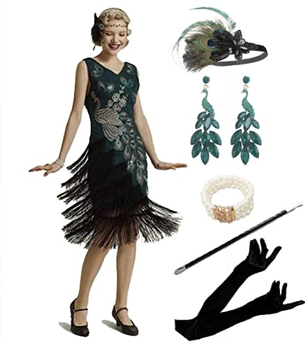 MIMIKRY 20er Jahre Flapper Pfau Damen Kostüm Grün Fransen-Kleid mit Pailletten und 5-TLG. Zubehör-Set, Größe:XXL
