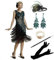 MIMIKRY 20er Jahre Flapper Pfau Damen Kostüm Grün Fransen-Kleid mit Pailletten und 5-TLG. Zubehör-Set, Größe:XXL