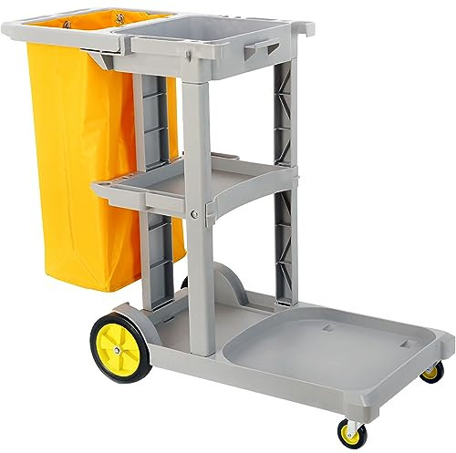 Janitorial Utility Cart - Multifunctional 3-Tier Cleaning Cart for Apartment Buildings, Business Centers, Hotels - Waste Management Trolley - Janitor Cleaning Push Cart w/ 25-gal Removable Trash Bag