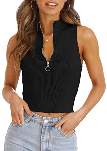 Saodimallsu Damen Reißverschluss Stricken Tops Sexy Stehkragen Ärmellos Shirts Frauen Sommer Gestrickt Pullover Schwarz S