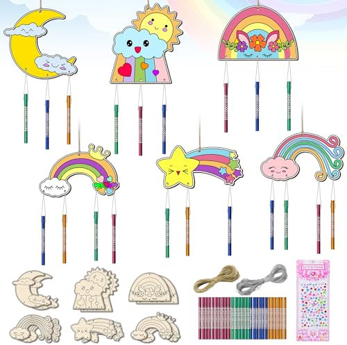 12tlg Regenbogen Windspiel Bastelset Kinder Holz Klangspiel Basteln Bastelhandwerk Kreativsets für Regenbogen Deko Mädchen Junge Kindergeburtstag
