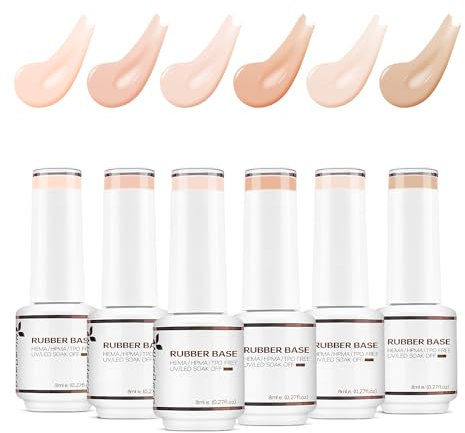 Nicedeco 4 In 1 Rubber Base Gel Set For Nails, Hema Free Nude Rose Pink Sheer Color Gel Nail Polish UV LED,Elastic Rubber Nail Strengthen Enhance Base Coat 6pcs x 8ml-Kit34