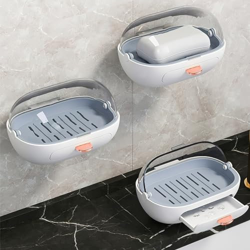Paquete de 2 jabonera baño con Tapa, jaboneras para Pastillas de jabon, jabonera Ducha con Drenaje, contenedor de jabón montado en la Pared para Ducha, baño, Fregadero de Cocina, Adhesivo Incluido