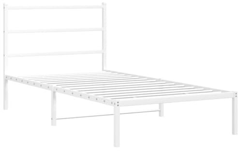 vidaXL Metal Single Bed Frame with Headboard - White Steel, 196x105x90 cm - For Mattress 100x190 cm, Under-Bed Storage