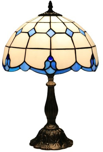 FUMAT Tiffany Tischlampe, 12 Zoll Retro Lampe, Vintage Nachttischlampe, Deko Tischleuchte, Handcraft Bunte Glas Lampenschirm, Blaue Farbe, Mit E27 LED Glühbirne, für Schlafzimmer Wohnzimmer Büro