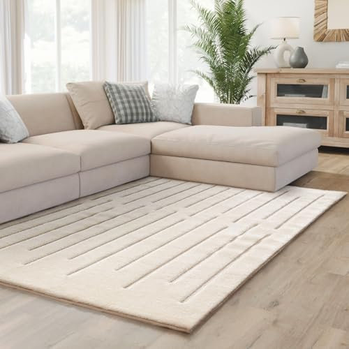Interiyou Teppich Wohnzimmer Verona - 200x300 cm Creme - Für Schlafzimmer, Esszimmer, Kinderzimmer - Hochflor mit 3D-Effekt - geometrische Muster - Pflegeleicht