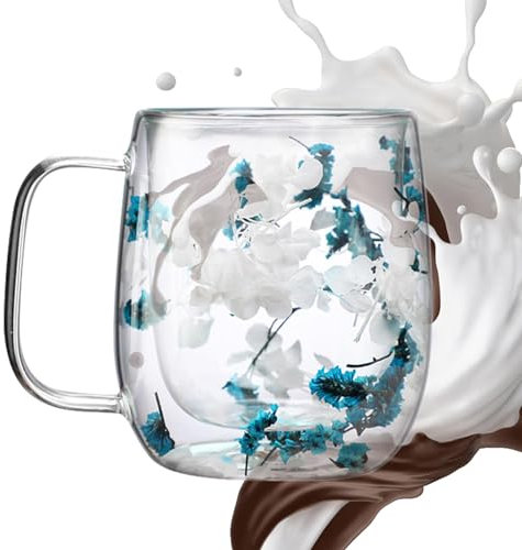 Taza de té de vidrio con flores secas, elegante taza con diseño de flores secas, vasos de vidrio para bebidas, taza de té para té, capuchino, bebida fría