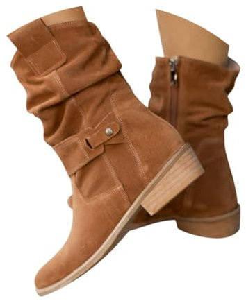 Minetom Stivali da Donna Stivaletti in Camoscio con Tacco Grosso A Punta retrò Cowboy Western Scarpe con Cerniera Laterale A Marrone 38 EU