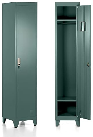 Brigros - Armadietto Metallico Multiuso, Armadio Spogliatoio Salvaspazio Con Serratura, Armadietto Vari Ripiani Con Ante In Metallo Per Ufficio O Spogliatoio (1 Anta, Verde Scuro)