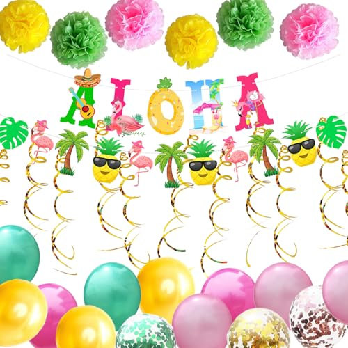 Pack de 27 Decoration Hawaienne, Deco Fete, Decoration Anniversaire Tropical, Décorations de Fête Plage/Piscine - Ballon Tropical, Bannière ALOHA, Fleurs de Pompons en Papier, Tourbillons