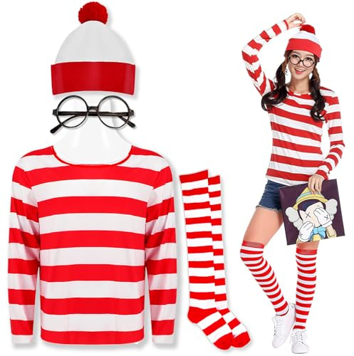 Feeziloe Where's Wally Kostüm für Damen, Zylinderhut, Brille, Socken, Kostüm-Set, rot-weißes Oberteil, frischeres Kostüm, Weltbuchtag, Kostüme, Verkleidung