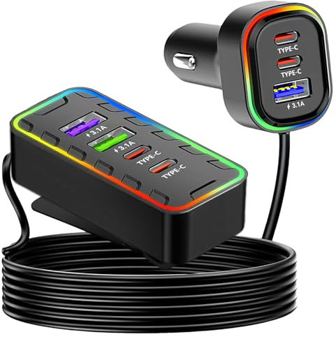 5FT/152CM USB C Car Charger 7-Port, PD 30W & QC3.0 Super Fast Charging for Multiple Devices, Cigarette Lighter Car USB Charger Multi Port Charging Cable for iPhone 15/iPad/Samsung And Other Devices