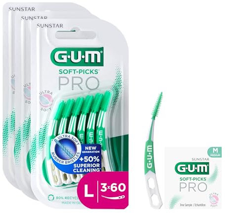 GUM SOFT-PICKS PRO Interdentalreiniger | gebogene Form für leichten Zugang zu schwer zugänglichen Stellen | sanfte Wirkung für empfindliches Zahnfleisch [L - 3x60] (+1 Gratisprobe)