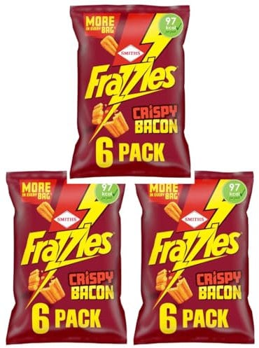 Smiths Frazzles Bacon Multipack Crisps (6 x 20g) X 3 Pack, Crispy Bacon Flavour Corn Snack, Baked, not fried, No artificial preservatives, Suitable for vegetarians, 97 kcal per pack