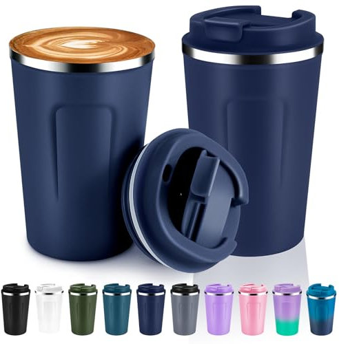 Volhoply 340ml 12oz Double Wall Insulated Vacuum Travel Coffee Mugs with Flip Lid Bulk 2 Pack,Reusable Stainless Steel Leak Proof Coffee Cup,Cafe Thermal Tumbler for Hot & Cold Drinks(Navy,2 Set)