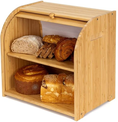 FoverOne Bamboo Bread Box Roll Top for Kitchen Countertop Breadbox Storage