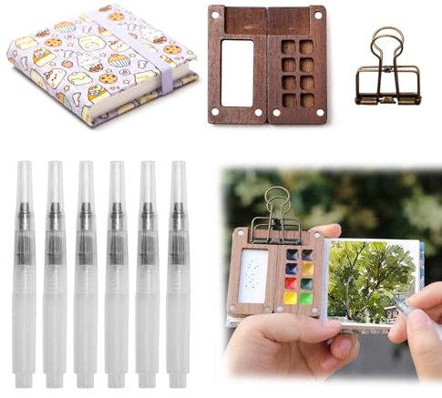 Neikafan Tragbares Skizzenbuch Palette Set 8 Raster Mini Reise Aquarellkasten Holz Malkästen mit 1 Clip Wassermalkasten Leere für Aquarell,Gouache,Acrylmalerei, mit Skizzenbuch,Aquarellpinsel Stifte