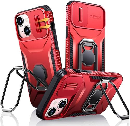 XYZ for iPhone 15 Case with Stand, 15 Phone Case with Ring Holder Kickstand Slide Camera Cover, Shockproof Military Hard Protective Cover Case for iPhone 15, Red