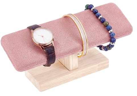 PH PandaHall Présentoir de Montres en Bois Porte Bracelet en Velours avec Barre en T pour Cheveux Attachés Organisateur de Bijoux Rose pour la Vente Exposition Maison Vente au Détail