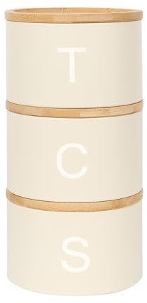 Harbour Housewares Stackable Tea Coffee Sugar Canisters with Bamboo Lids - Cream - Stacking 3pc Tea Coffee and Sugar Canisters Set Airtight Kitchen Organiser Food Storage Jars