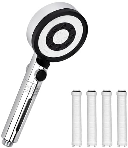 Hochdruck-Duschkopf mit 4 PP-Filter & 5 Sprühfunktionen - Wassersparende Handbrause mit handlicher Chrom-Optik, Stopp-Funktion (Ohne Schlauch & Halterung)