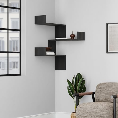 HOCUS PICUS 3 Tier Corner Bookshelf, 60x90x22cm, Black Wood | Living Room, Office and more Easy to Assemble Corner Unit